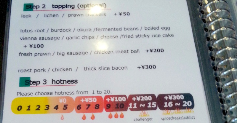 Excerpt from Tsubara Tsubara menu, including 'hotness' scale