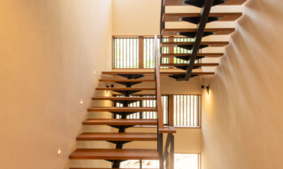 Yuzen interior staircase with square windows, open wooden staircase | Kabayama, Niseko
